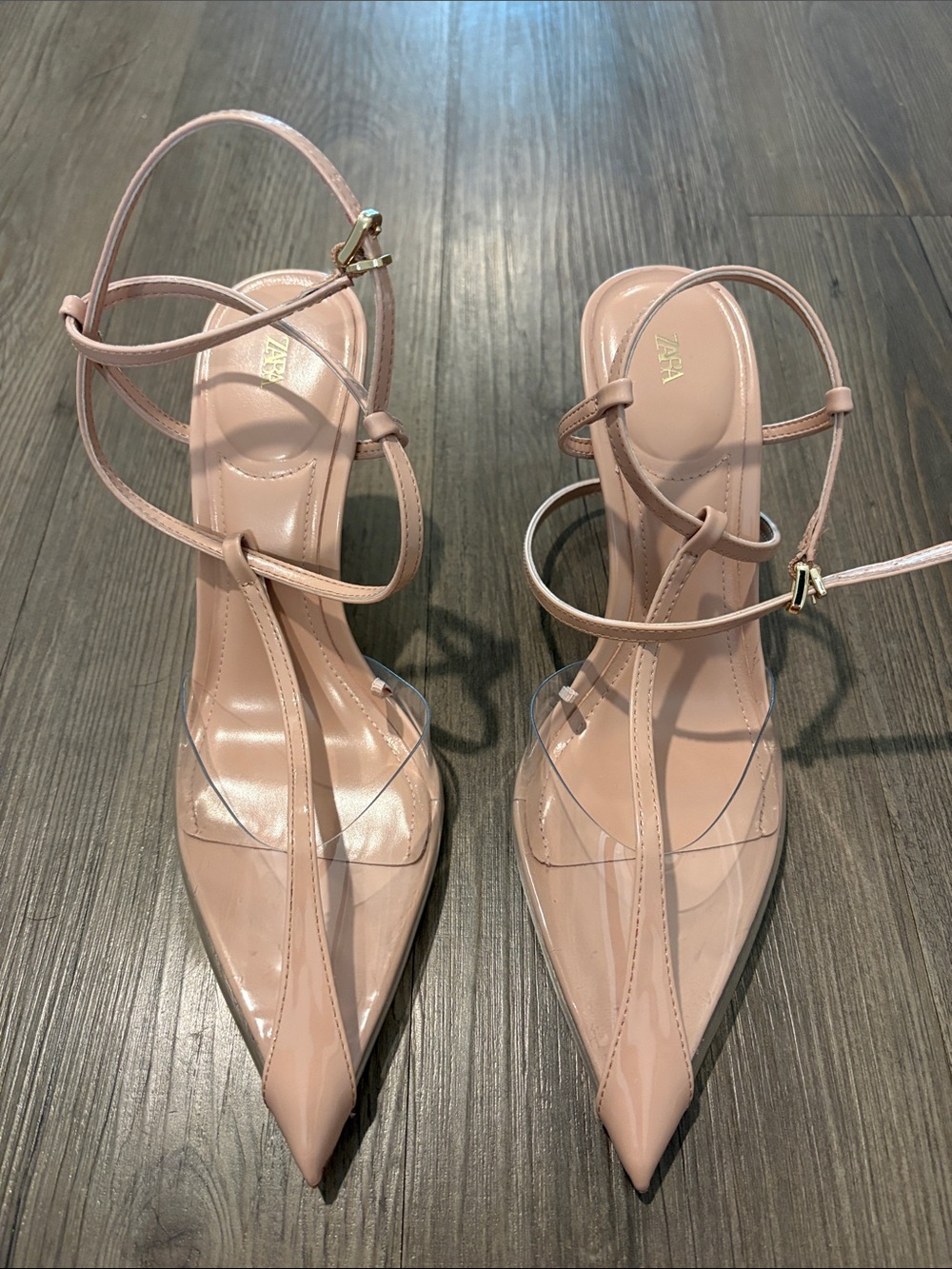 Zara T Strap Blush Nude Pointed Toe Ankle-Strap Heels with Clear Vamp Size 39 - Picture 8 of 11